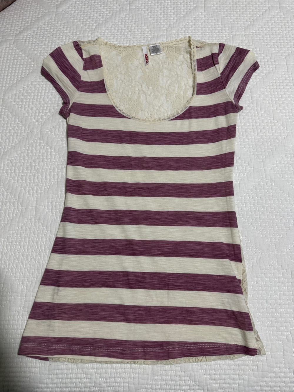 BONGO Purple and Cream Striped Scoop Neck Tee with Lace Back
